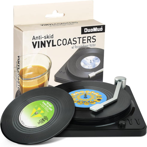 Funny Retro Record Coasters for Drinks with Vinyl Player Holder for Music Lovers,Set of 6 Conversation Piece Sayings Drink Coaster,Housewarming Ho...