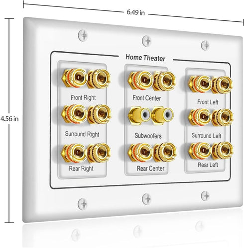 5 6 7.1/7.2 or 8.1/8.2 One or Two Subwoofer Compatible 16 Banana Post and 2 RCA Speaker Wall Plate for Home Theater Audio...