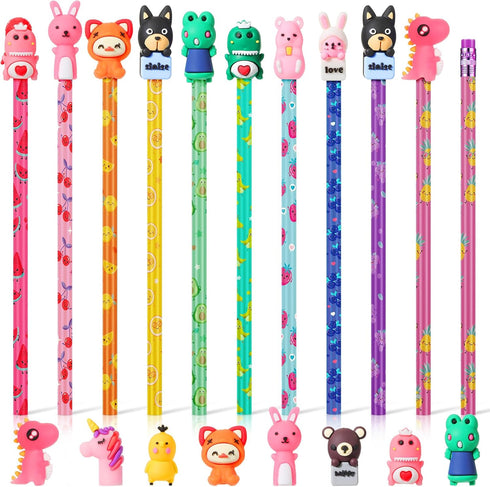 Thenshop 30 Pcs Scented Pencils for Kids Fruit Scent HB Graphite Pencils Bulk with 30 Pcs Cartoon Pencil Toppers Animal Cute Pencil Cap Gift for S...