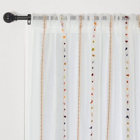 pureaqu Faux Linen Stripe Pom Pom Sheer Curtain for Bedroom/Kids Room Embroidered Colorful Rainbow Semi Sheer Voile Window Curtain for Living Room...