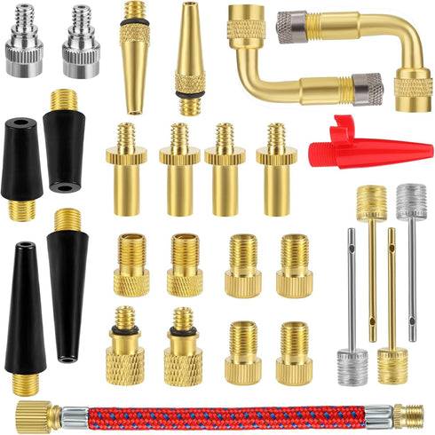 28pcs Bicycle Valve Adapter Set, Brass Bike Tire Valve Stem Adapter Inflation Kit Accessories for Standard Pump or Air Inflatable Attachment Compr...