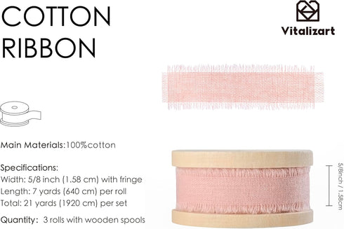 Vitalizart 3 Rolls Handmade Fringe Natural Cotton Ribbon 5/8" x 21Yd Pink Eco-Friendly Ribbons for Wedding Invites Bridal Bouquets Gift Wrapping H...