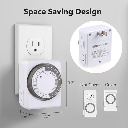 HBN Indoor Timers for Electrical Outlets,24 Hour Mechanical Outlet Timer,Dual Outlets,15 Minute Intervals,2 Polarized Outlets,Heavy Duty Daily On/...