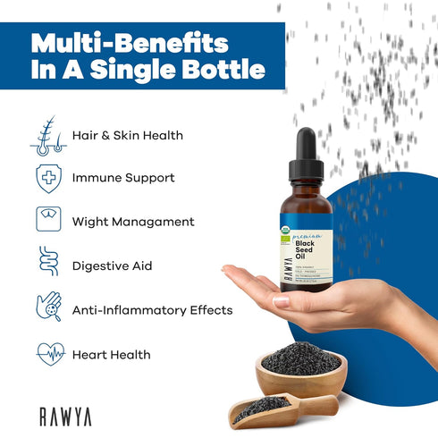 Black Seed Oil, Organic, 1.7 Fl Oz, RAWYA, Unrefined, Premium, High TQ, Cold Pressed, Glass Bottle, Nigella Sativa Oil, Non-GMO, Black Cumin Seed ...