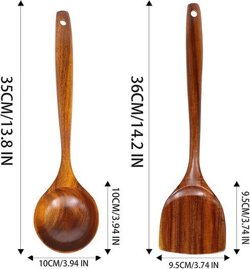 FJNATINH Wooden Wok Spatula Ladle Tool Set, 14-inch Long Handle Teak Wok Spatula...