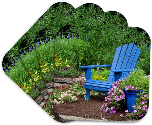 3D Rose Garden with Blue Adirondack Chair and Pot of Flowers Soft Coasters, Multicolor...