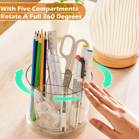360 Degree Rotating Desk Organizer, Dual-Purpose Pencil Pen Holder for Desk, Rotating Desk Pen Organizer with 5 Compartments, Desk Caddy Pencil Cu...