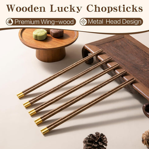 Chopsticks Reusable, Wooden Lucky Chopsticks Non-Slip, Chop Sticks Dishwasher Safe, Chinese Round Cooking Chopsticks for Sushi, Pasta, Asian Cuisi...