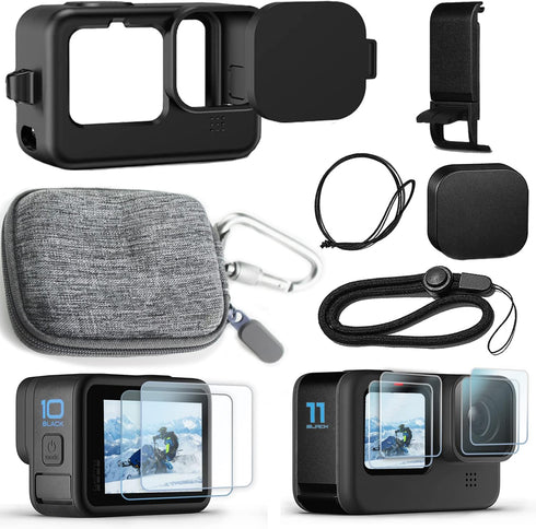 Accessories Kit for Go Pro Hero12/Hero11/Hero10/Hero9 Black,Carrying Case+Silicone Case with Rubber Lens Cover+Screen Protector+Battery Side Cover...