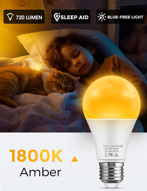 L LOHAS LED Sleep aid Amber Light Bulbs, Blue Light Blocking, A19 9W(60 Watt Equivalent) Dim Light Bulbs, 1800K Warm Light Bulb, E26 Base, 4 Pack...