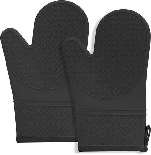 Silicone Oven Mitts, Oven Gloves with Non-Slip Waterproof - 2PCS Black Oven Mittens Heat Resistant 600 Degree, Soft Lining Silicone Oven Mits for ...