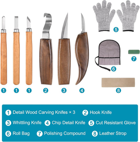 Wood Carving Tools 10in1 Set Whittling Knife, Detail Knife, Hand Carving Woodworking Tool with Roll Bag for Engraver, Carpenter and Beginners...