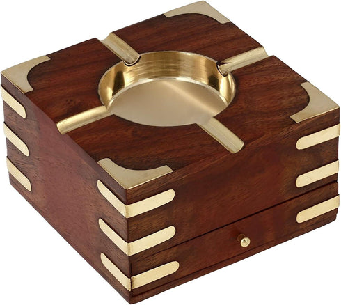 GURU JEE™ Handmade Indian Wooden Ashtray 4.5x4.5x2.25 Inch Indoor Outdoor Ashtrays With Storage Case Box Artisan Crafted Showpiece Gifts...
