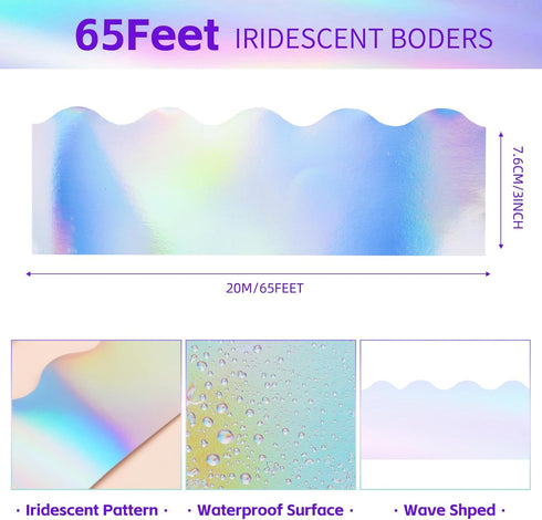 65 Feet Iridescent Bulletin Board Borders, Holographic Scalloped Bulletin Board Trims, Classroom Bulletin Board Decorations for Iridescent Birthda...