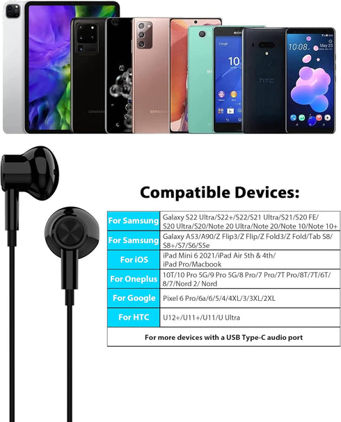 USB C Headphones for iPhone 15 Plus/Pro Max,Samsung S22 S23 S24 Ultra S21 FE A53 Note 10 Plus,Magnetic Stereo Type C Earphones Semi in-Ear Wired E...
