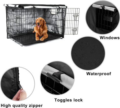 Double Door Dog Crate Cover Wire Dog Cage Cover Waterproof Durable Lightweight 420D Polyester Pet Kennel Cover Indoor Outdoor Protection Cage Cove...