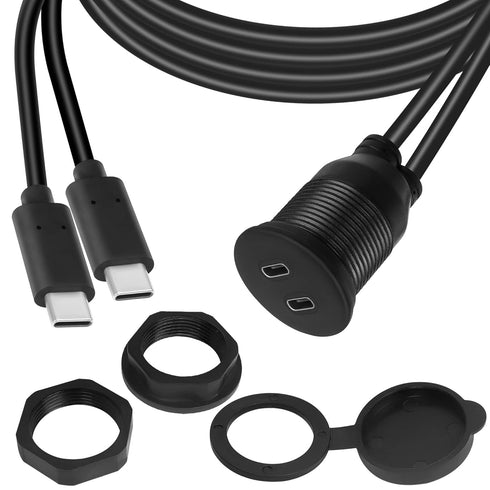 QIANRENON 2 USB C Threaded Flush Mount Waterproof Cable Dual USB C 2.0 Male to Female Car Dash Mount Extension Cable for Car Boat Truck Yacht Moto...