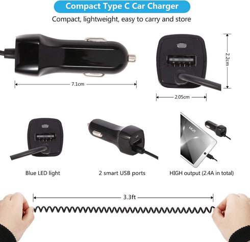 2Pack 2.4A Fast Charging USB C Car Charger Adapter with 3ft Type C Coiled Cable for Samsung Galaxy S22 S21 S20 FE S20 Plus Ultra S10 S10e S9 S8+ A...