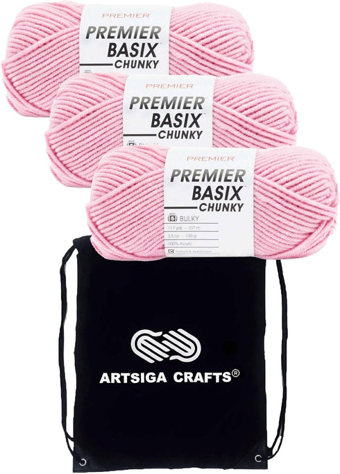 Premier Basix Chunky Knitting Yarn Bubblegum 1145-20 (3-Pack) Same Dye Lot Chunky Bulky #5 Soft 100% Acrylic Bundle with 1 Artsiga Craft Bag......