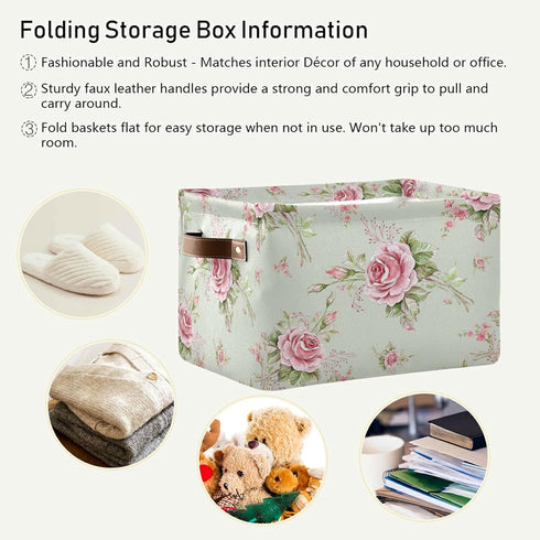 Floral Flower Rose Pattern Storage Bin Kids Women Foldable Compressible Organizer Storage Cube with Handle Storage Basket Box for Closet Shelves 1...