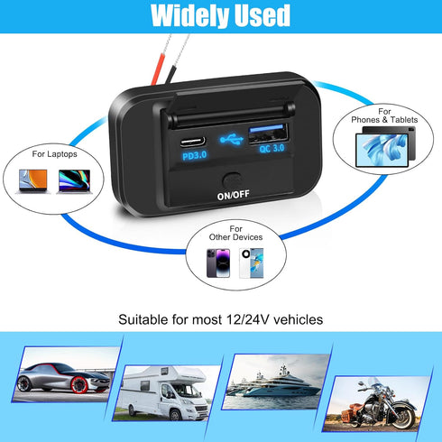 Linkstyle 12V USB Outlet, 36W QC3.0 USB-A & 55W PD3.0 USB-C Port Charger Socket, Quick Car Charger Panel with Switch, USB Port Panel for Car......