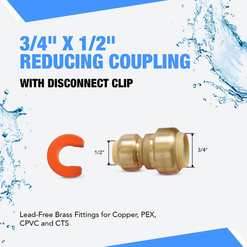 3/4" x 1/2" Reducing Coupling with Disconnect Clips - Lead-Free Brass Fittings for Copper, PEX, CPVC and CTS - Push to Connect Plumbing Supplies (...