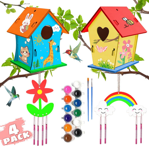 JAS WENAS DIY Birdhouse Craft Kit for Kids - 4 Pack DIY Bird House Kit Painting Puzzle DIY Wooden Assembly, Build and Paint Birdhouse, Wooden Arts...