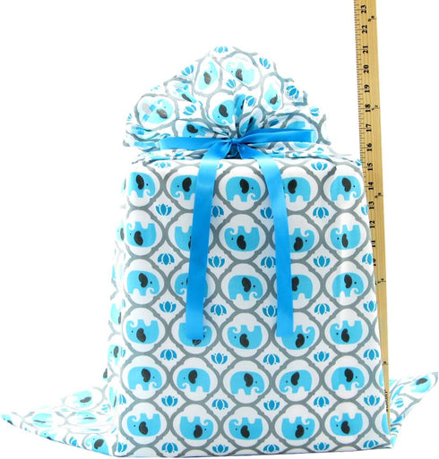 Elephants Reusable Fabric Gift Bag for Baby Shower, Child’s Birthday, or Any Occasion (Jumbo 27 Inches Wide by 33 Inches High, Turquoise Blue)...