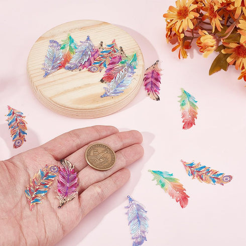DELORIGIN 16pcs Rainbow Feather Charms Earring Making Kit Stainless Steel Linking Pendant Earring Component Connectors with 16pcs Earring Hooks Ju...