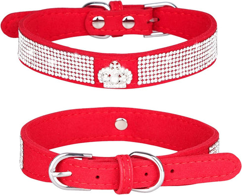 Haoyueer Rhinestone Dog Collar, Cute Dazzling Sparkling Soft Suede Leather Dog Cat Rhinestone Collar Crystal Diamond Pet Dog Puppy Collar (XS, Red...