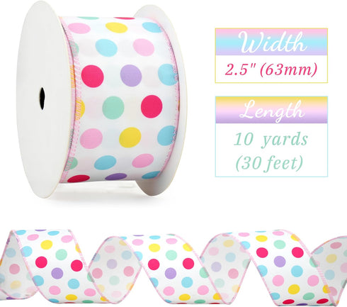 Pastel Wired Ribbon Pastel Rainbow Polka Dot Ribbon Wired Easter Day Ribbon for Crafts, Topper Bows, Wreaths, Gift Wrapping, Home Decor, Easter De...