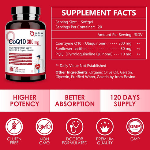 NATURE TARGET CoQ10-300mg-Softgels + PQQ with Organic-Olive-Oil - High Absorption-Coenzyme-Q10 - Antioxidant-for-Heart-Health and Immune Support, ...
