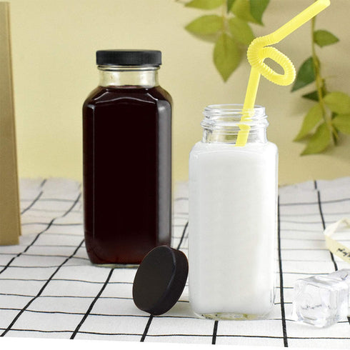 Encheng Beverages Drinking Bottles 12oz,Glass Water Botttle with Lids,Octagonal Vintage 350ml,Juice Bottles for Storage Tea,Kombucha,Milk Smoothie...