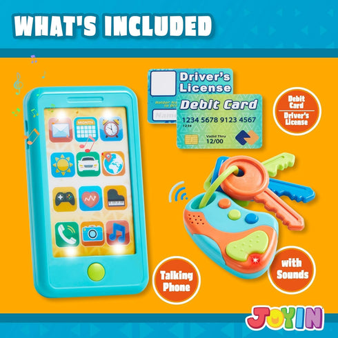 Pretend Toddler Play Phone, Learning Toy Phone Set,Keyfob Key Toy and Credit Cards Set, Kids Cellphone Toys, Girls Boys Birthday Gifts for 1 2 3 Y...