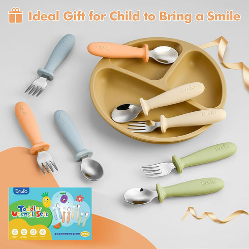 8 Pieces Toddler Utensils Set - Kids Silverware Set with Silicone Handle Children Safe 18/8 Stainless Steel Forks and Spoons Anti-Choke Design Foo...
