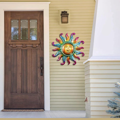 Metal Sun Wall Decor Outdoor Sunface Yard Art Porch Door Patio Garden Home Indoor Sculpture Decorations, 12 inch -A...