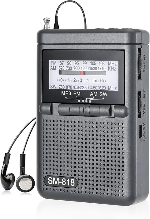 Portable AM FM Radio, Shortwave Transistor Pocket Radio Walkman with Loud Speaker, Headphone Jack, 1200mAh Rechargeable Battery Power, Support TF ...