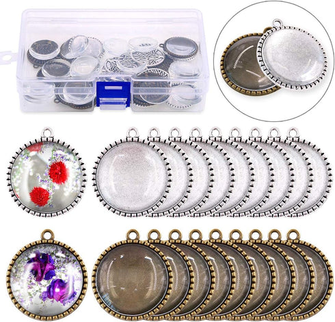 Glarks 40Pcs 25mm Antique Bronze Silver Color Round Tree Bezel Pendant Trays with Bright Glass Cabochon Dome Tiles for Bracelet Necklace Crafting ...