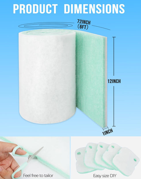 Aquarium Filter Media,Filter Floss for Fish/Turtle Tank Filters, Reused Strong Density Thick 12“ X 72”X*0.75-1” Pond Filter Media, Cut to Fit (Gre...