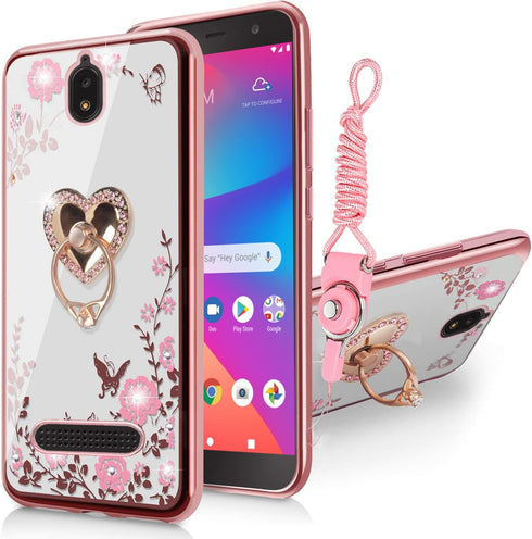 B-wishy for Blu View 2 Case for Women, Glitter Crystal Butterfly Heart Floral Slim TPU Luxury Bling Cute Protective Cover with Kickstand+Strap for...