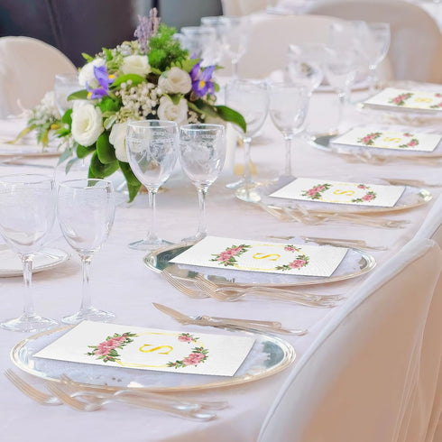 200 Gold Floral Monogrammed Disposable Napkins - Initial Letter S Paper Guest Hand Towels, Flower Monogram Dinner Napkins for Bathroom Wedding Bir...