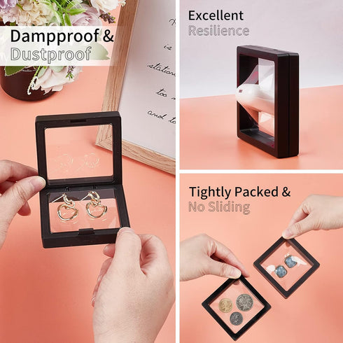 4Pcs 3D Floating Frame with Stand, Challenge Coin Display Holder, Small Shadow Box for Earrings, Rings, Brooch, Military Medal, Black, 2.75x2.75 i...