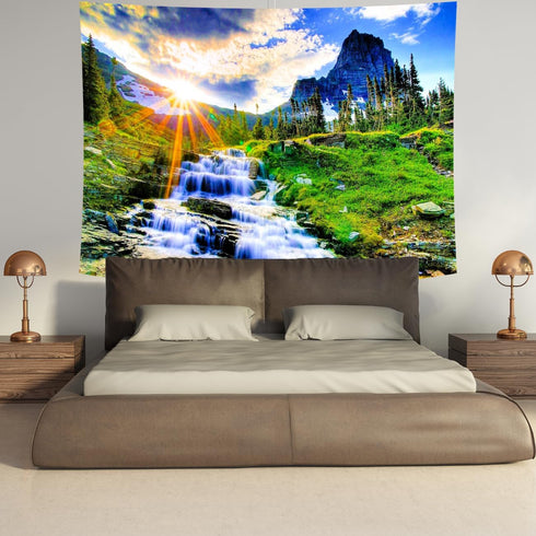 Delur Mountain Waterfall Tapestry Sunset Forest Tapestry Tree Nature Landscape Tapestry Rainforest Scenery Tropical Tapestry Psychedelic Wall Hang...