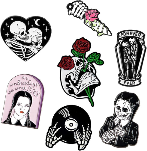 7 Pack Cool Enamel Pins for Backpacks Jackets Hat Set, Black Horror Skull Brooch Pins...