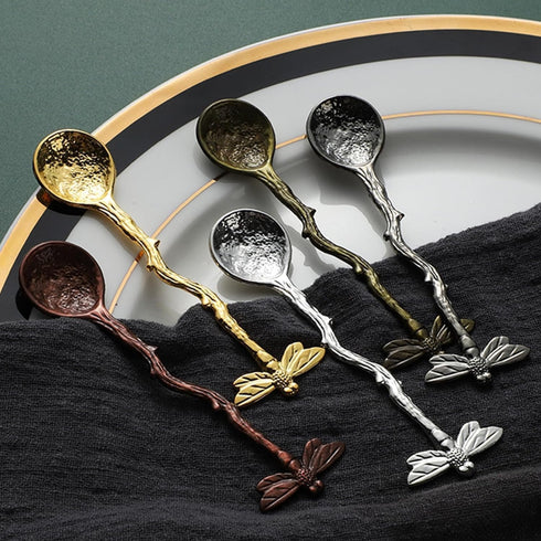 Gold Retro Dragonfly Spoon Coffee Spoon Teaspoon Stainless Steel Tableware Creative Sugar Spoon Tea Spoon Stir Bar Spoon Stirring Spoon,Cake Spoon...