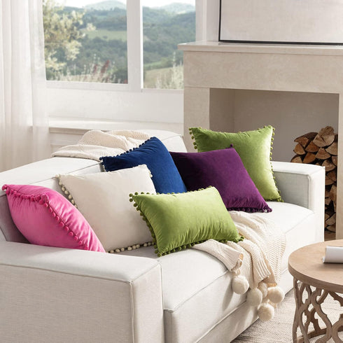 Ashler Throw Pillow Cases with Soft Pom Poms Velvet Plush Vibrant Elegant Cushion Covers, Pack of 2, Pink 20 x 20 inches 50 x 50 cm...