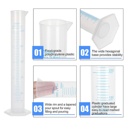 5Pack 250ml Plastic Graduated Cylinder, Transparent Measuring Cylinder Durable Lab Test Tube Flask, 2-Sided Measuring Lines Graduated Cylinder Bea...