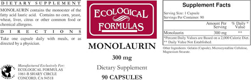 Ecological Formulas Monolaurin 300 mg 180 Capsules (90 Capsules x 2 Bottles)...