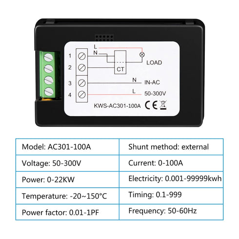 AC Voltmeter Ammeter AC 50-300V 0-100A Digital AC Multimeter 110V 220V LCD HD Display Current Voltmeter with Closed Current Transformer 8 In 1 Mul...