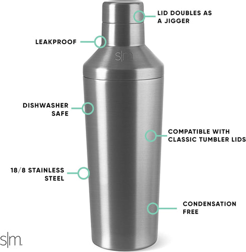 Simple Modern Cocktail Shaker Set with Jigger Lid | Stainless Steel Boston Shaker Insulated Martini Mixer for Mocktails | Gifts for Men Women Him ...
